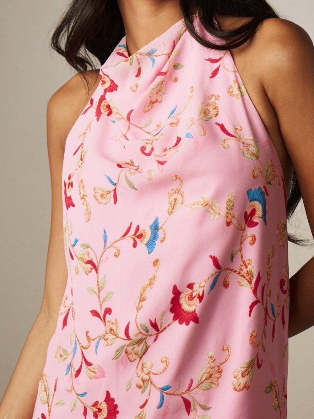 Pink Party Women's Embroidered Floral Halter Mini Dress with Macrame Fringe - Picture 5 of 5